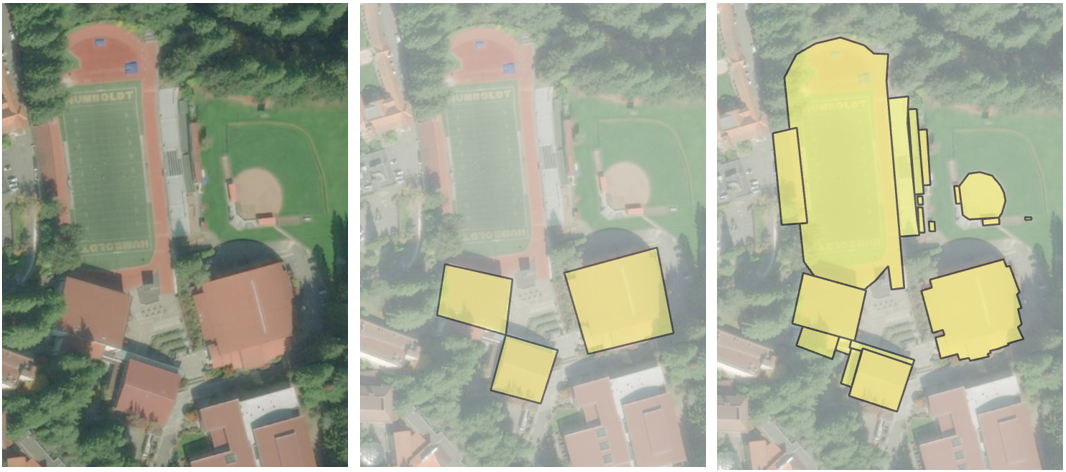 Three images shown an aerial photo and then a simple and a complex digitized example