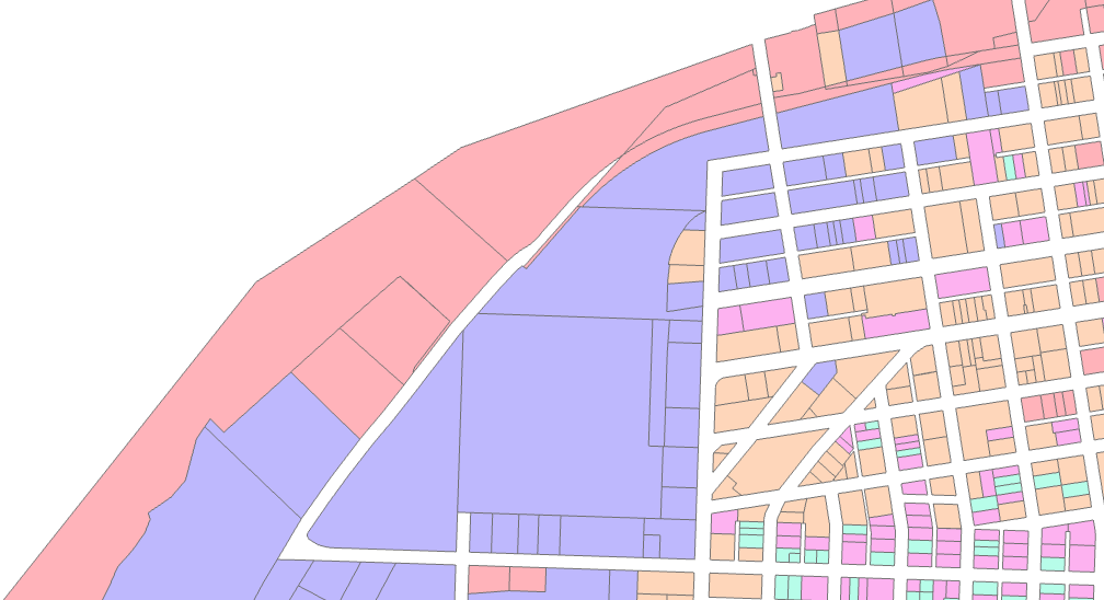 Map of the Eureka waterfront that has been symbolized based on general land use categories.