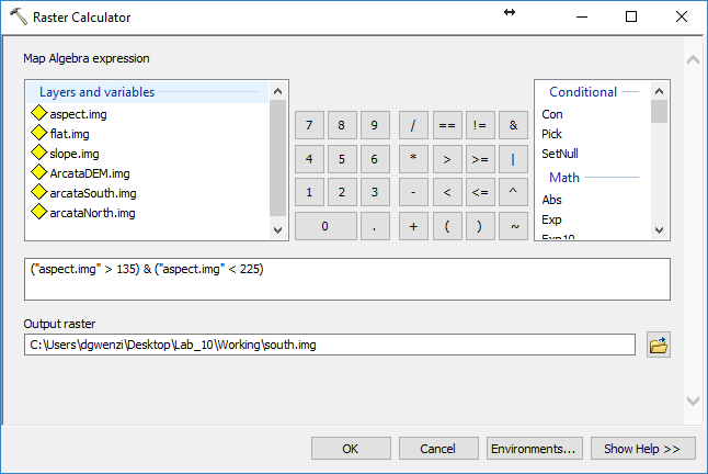 Raster Calculator for a south-facing calculation