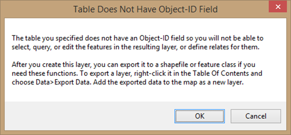 Image of Object ID Field warning