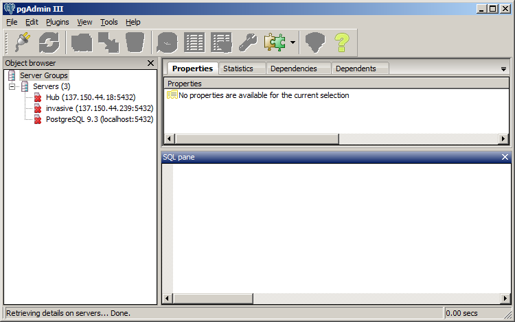 PostgreSQL Main screen