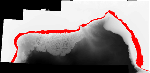 A raster of a section of the Gulf of Mexico showing the use of a masked raster wher eonly part of the raster is visible.