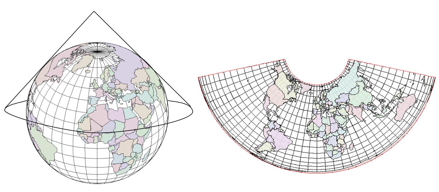 Image of the earth with a cone on top and a sample conical projection