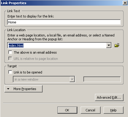 KompoZer Add Link Dialog Window Screenshot