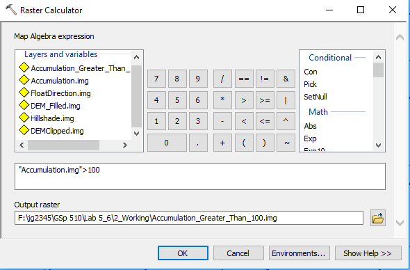 Raster calculator setup to computer accumlation greather than 100