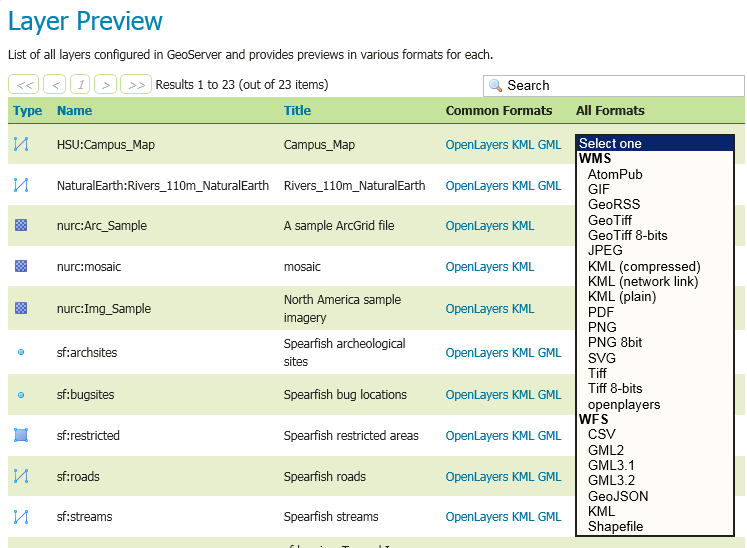 List of standard web service protocols from GeoServer